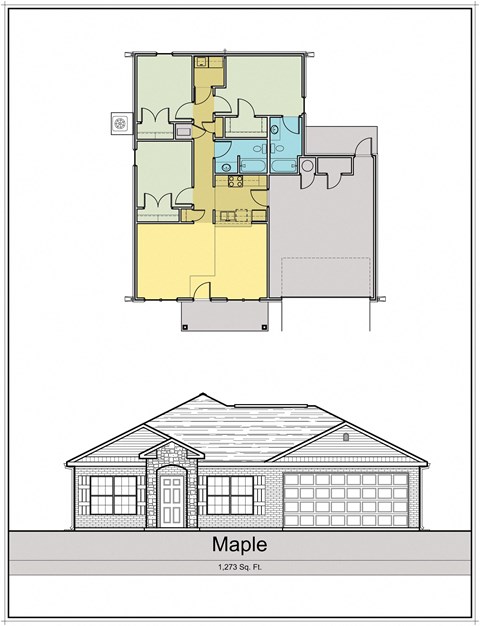 Floor plan for 3 beds, 2 baths, 1273 sqft